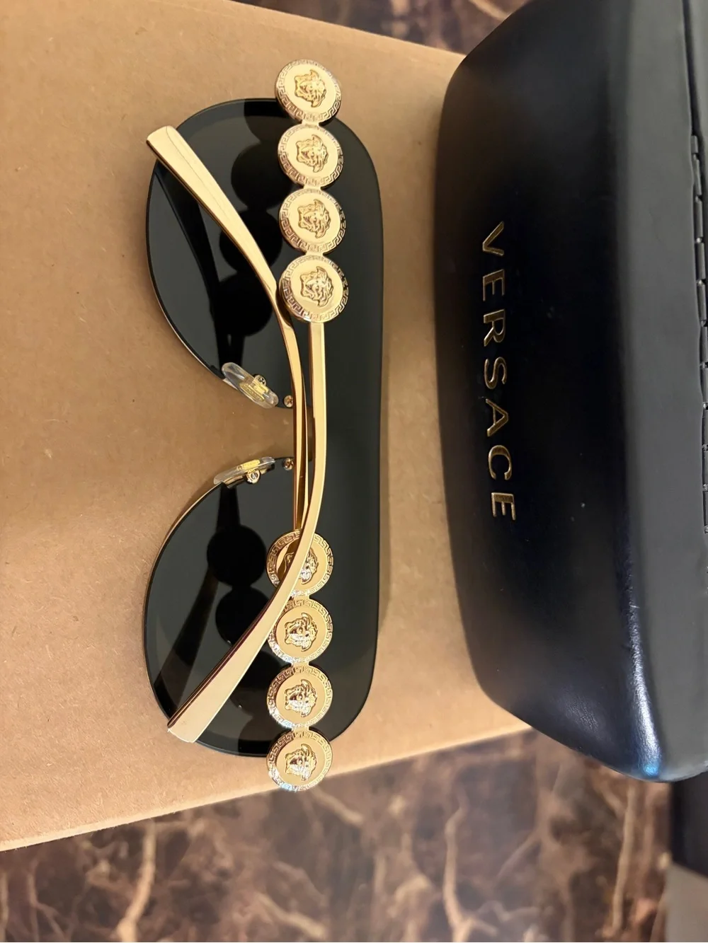 Versace Gold Medusa Coin Temple Sunglasses with Black Lenses